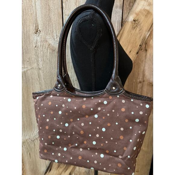 Thirty-One Tote Purse Handbag Brown With Polka Dots Mint Green Liner - Picture 1 of 12